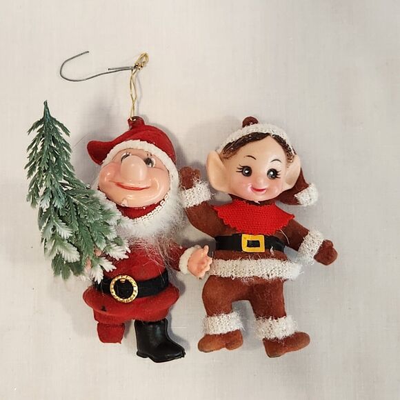 Vintage MCM Elves‎ Elf 1 with Tree 4" Tall Christmas Flocked Plastic *FLAW* - Picture 1 of 12